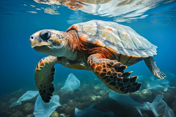 Navigating the Plastic Maze: An Oceanic Turtle's Tale, selective focus