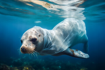Ensnared Innocence: The Plight of Marine Life Amidst Plastic, selective focus