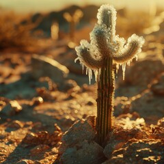 A cactus covered with ice in the desert, High and short depth of field, analytic drawing, UHD, high resolution --v 6 Job ID: 1f8fa0ef-ddb1-4b6f-8add-ab1c584341a7