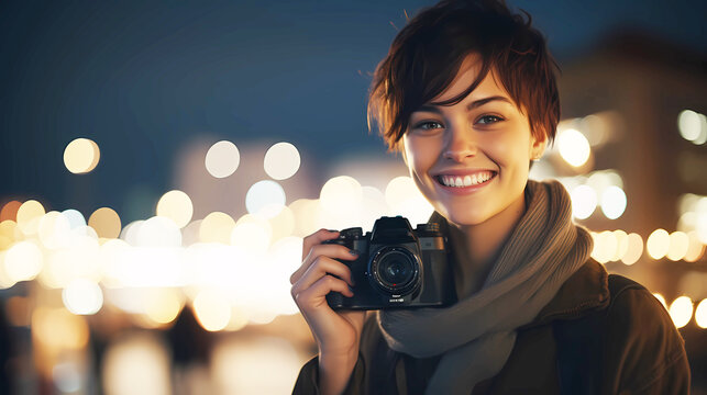 Smiling woman holding a camera night background