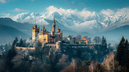 A grandiose castle, with snow-capped mountains as the background, during a clear winter day