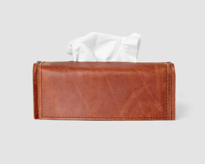 Brown leather tissue box cover personalized with embossed initials JFK
