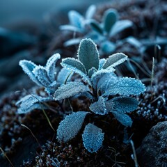 Arctic Frost: Icy Leaves on Plant in Extreme Cold.