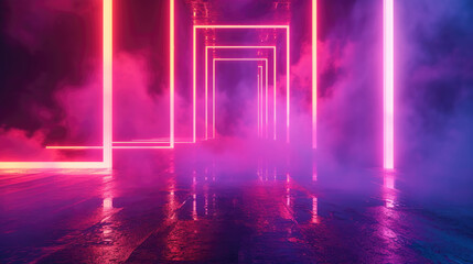 Neon stage background, empty futuristic dark room with red lighting and smoke, interior of abstract modern hall or garage. Concept of game, future, studio, technology, scene