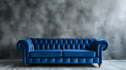Luxurious blue velvet sofa in Modern Living Space on empty concrete wall background