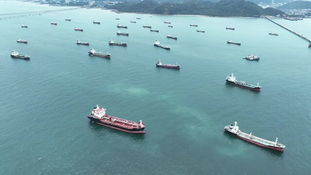 Oil Crude Gas Tanker Ship, Cargo container Ship offshore mooring at Ocean Bay Petroleum Chemical export import transportation and logistics, Oil leak from Ship, industrial petroleum products Vessel