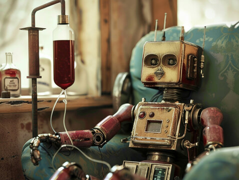 A vintage looking robot making a transfusion with synthetic blood