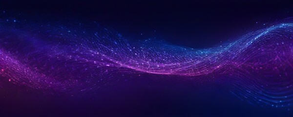 Abstract digital background with flowing purple and blue particles and lines on a dark background,...