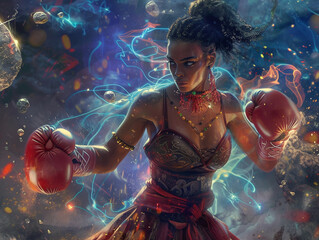 A witch training for a boxing match in her ancient laity surrounded by magical elements - obrazy, fototapety, plakaty