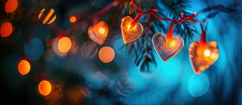 Heart shaped lights in night with blur glitter bokeh background. AI generated image