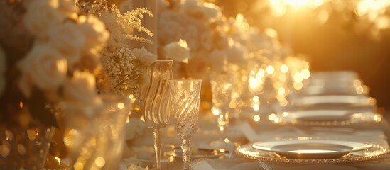 Luxury wedding dinner table set sparkling glassware and pristine white plates on sunset outdoor. - obrazy, fototapety, plakaty