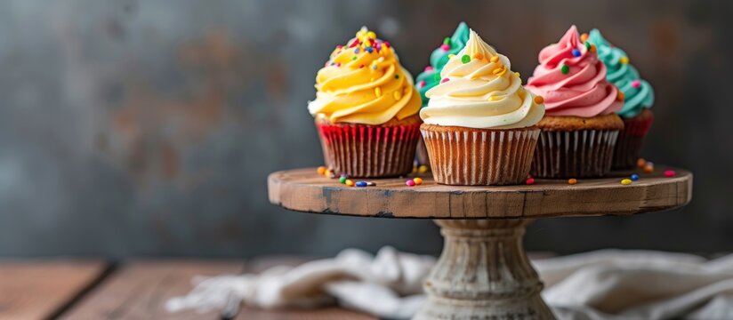Assorted colorful cupcakes with sprinkles homemade pastries on a cake stand. AI generated image