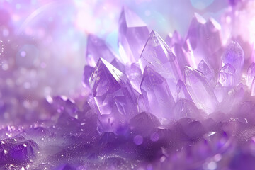 A cluster of radiant purple crystals illuminated by soft, ethereal lighting - obrazy, fototapety, plakaty