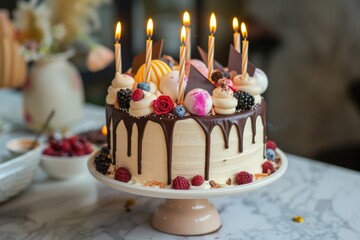 Delicious birthday cake with candles