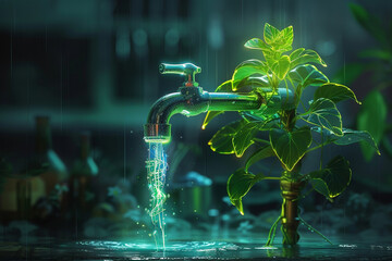 An illustration of a futuristic faucet integrated into the stem of a peculiar glowing plant - obrazy, fototapety, plakaty
