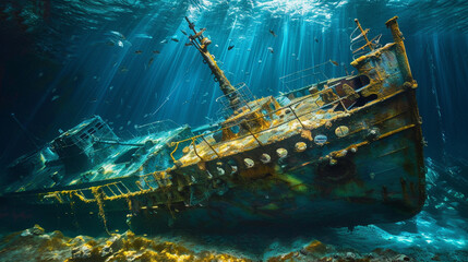 An old shipwreck with metallic sheen under deep blue ocean - obrazy, fototapety, plakaty