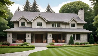 A large modern house with light roofing, several dormer windows, and a mix of stone exterior, surrounded by a lush lawn with vibrant flowers, tall trees, and a cozy patio area with modern outdoor