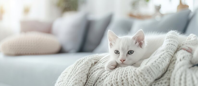 Cute little white kitten pet playing on living room background. AI generated image