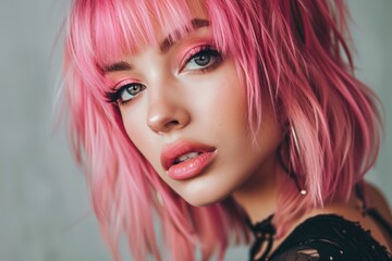 A woman with pink hair and a black top with pink lipstick on it