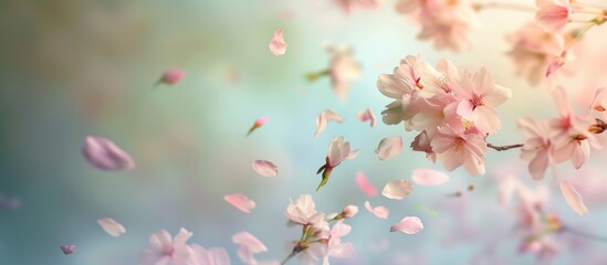 Obraz na płótnie Canvas Beautiful cherry blossoms with petals gently falling on a soft blur background. AI generated