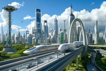 Generate a futuristic cityscape where biotechnology and cybernetics are used to enhance transportation systems