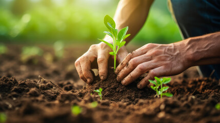 Man planting a small green plant sprout in the ground