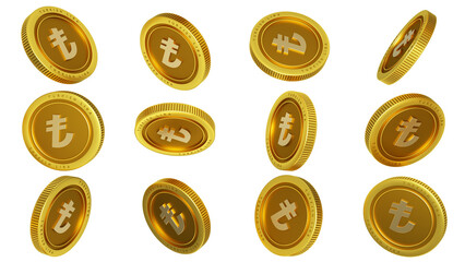 3D rendering of set of abstract golden Turkish lira coins concept in different angles. lira sign on golden coin isolated on transparent background