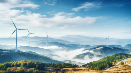 Wind turbines generate clean energy against a blue sky, demonstrating sustainable energy sources - obrazy, fototapety, plakaty
