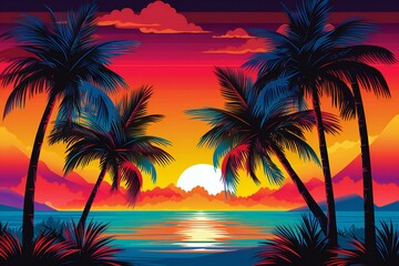 Tropical beach with palm trees and sunset
