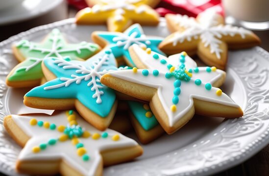 A plate of homemade snowflake sugar cookies decorated with frosting. New Year Christmas.