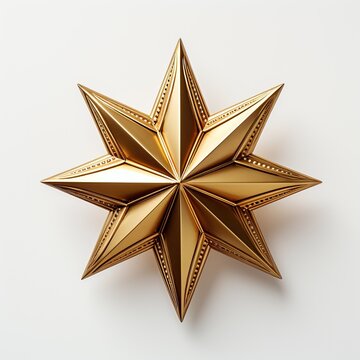 The image showcases a three-dimensional, metallic golden star with multiple points and elaborate beveled edges. The star exhibits a shiny surface with light reflecting off its smooth facets and detail