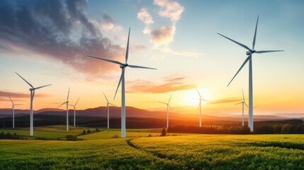 Obraz premium Wind turbines generate clean energy against a blue sky, demonstrating sustainable energy sources