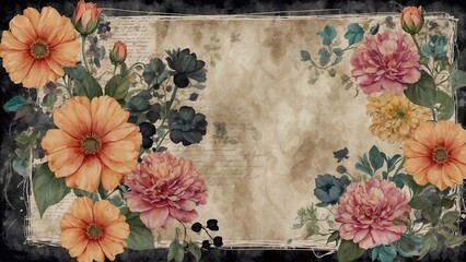 aged paper background with flowers, framework for cards, invitation or greetings