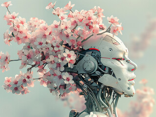 Craft a unique image of a robot whose head is a cluster of intricate steampunk style cherry blossoms