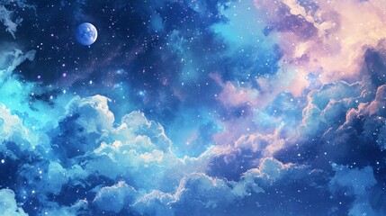 Mystical galaxy scene with vibrant clouds and shining stars.