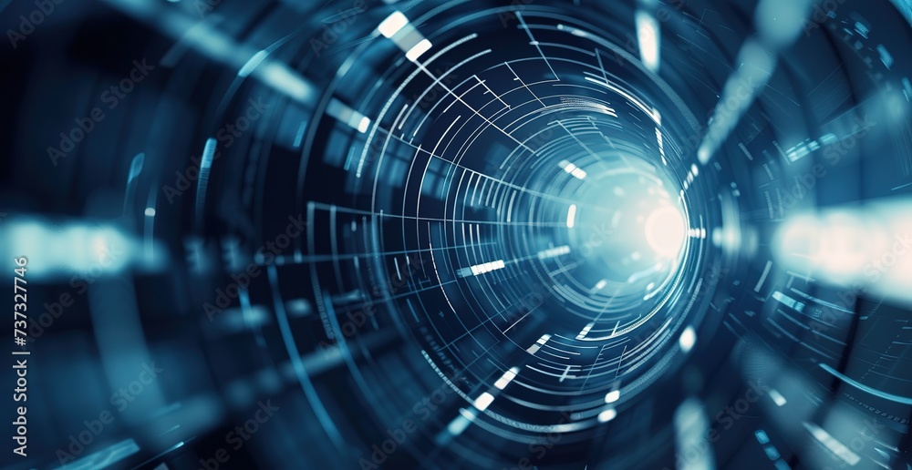 Poster futuristic digital tunnel: a vibrant journey through cyberspace illuminated by dynamic light pattern