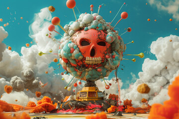 Illustration of an atomic bomb that morphs into a playful toy combining innocence and destruction
