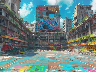 Illustration of vibrant graffiti on a dystopian soccer court surrounded by ruined buildings