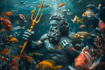 Design an image of Poseidon with a gold colored trident under the ocean accompanied by vividly colored fish