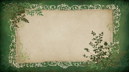 vintage green framework for invitation or congratulation, floral notes with space for text, frame for cards with shabby chic look style 