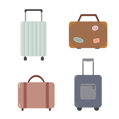 Suitcase bag set. Leather handbag, briefcase for travel. Vector flat design.