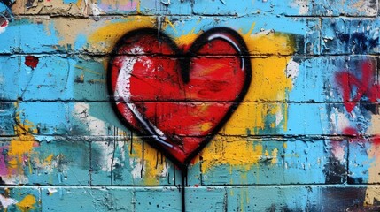 The image features a brightly colored graffiti artwork depicting a red heart with a white highlight, giving it a three-dimensional appearance. The heart is centrally positioned on a weathered brick wa