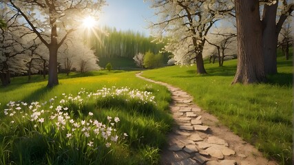 Springtime scenery with trees, flowers, and grass next to the path, lit by the sun