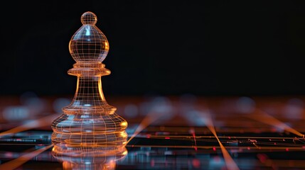 This image showcases a close-up view of a transparent, glass chess queen piece, which gleams with a soft internal light. It stands proudly on a sleek, dark chessboard that has a futuristic feel with i