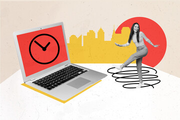 Collage photo of funky businesswoman dancing boogie woogie toward laptop with timer on wallpaper...