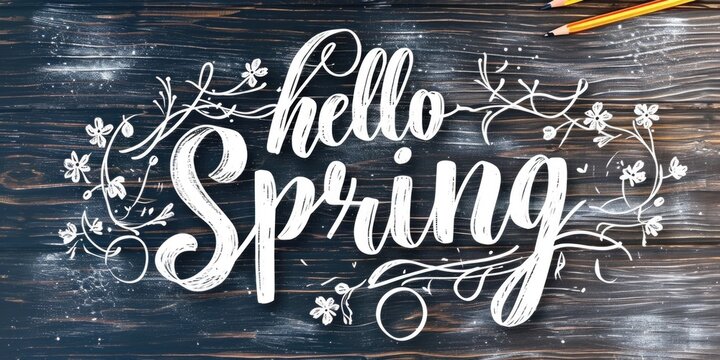 The image features the phrase "Hello Spring" written in a stylish cursive script, white on a rustic dark wooden surface that shows a visible wood grain pattern. The text is embellished with delicate f