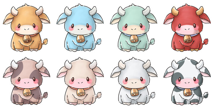 Set of Cartoon drawings of the year of the ox It's a cute ox painted with watercolours