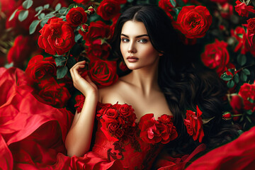 A woman with red lipstick in a red dress is surrounded by red roses