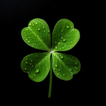 Clover leaf with water drops isolated on black background. St.Patrick's Day