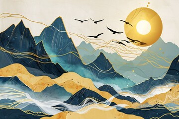 Mountain landscape with sunset and flying birds,  Hand drawn illustration